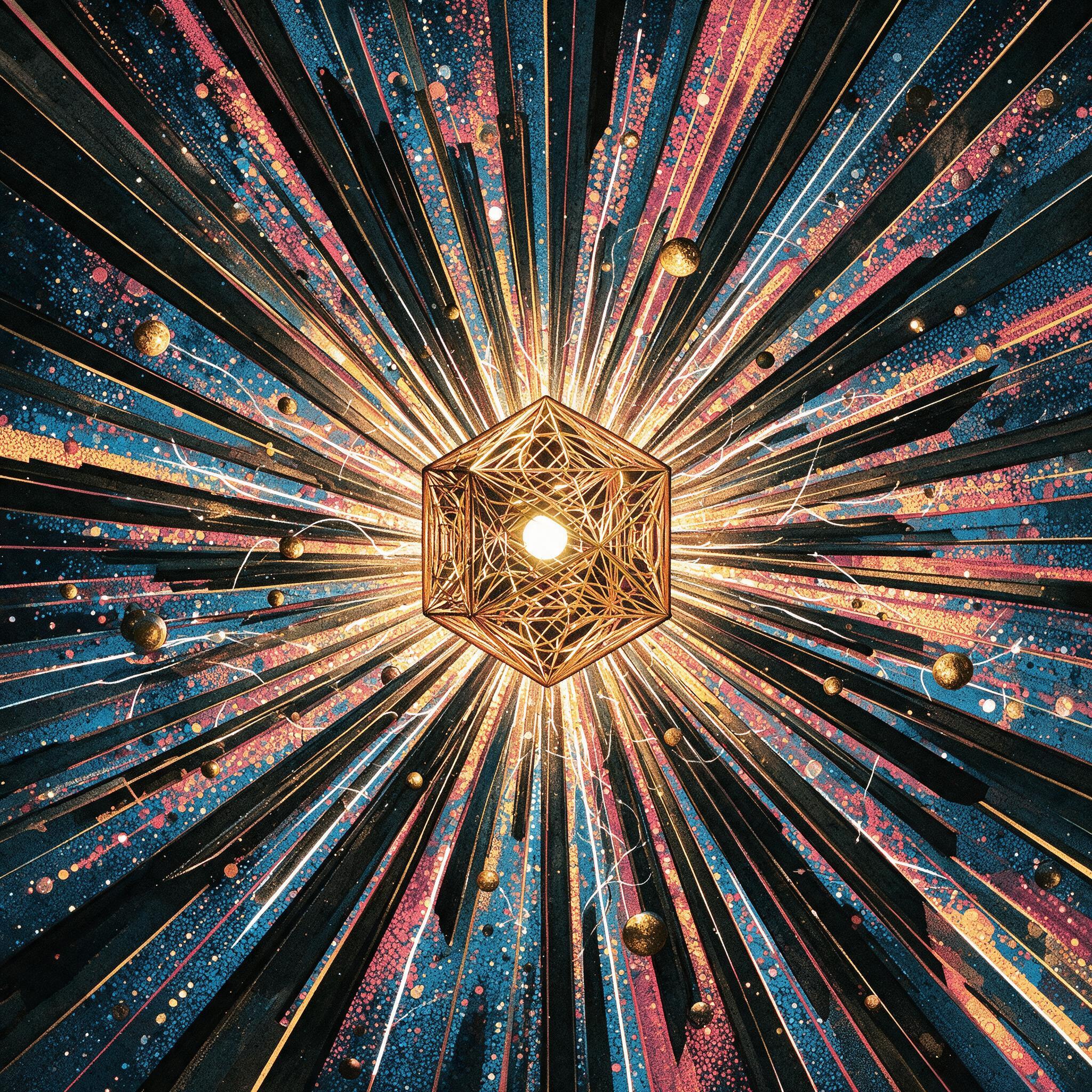 A glowing geometric core radiating through blue, gold, and red beams.